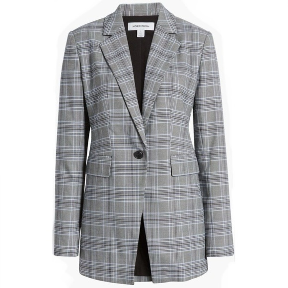 NORDSTROM Glen Plaid One-Button Blazer Black, White & Blue | Size Medium